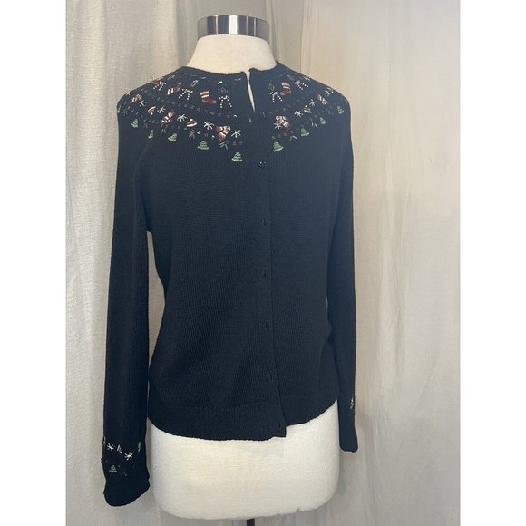 CHARTER CLUB Christmas Women's Cardigan Sweater Button up Size Medium Black - Picture 2 of 16